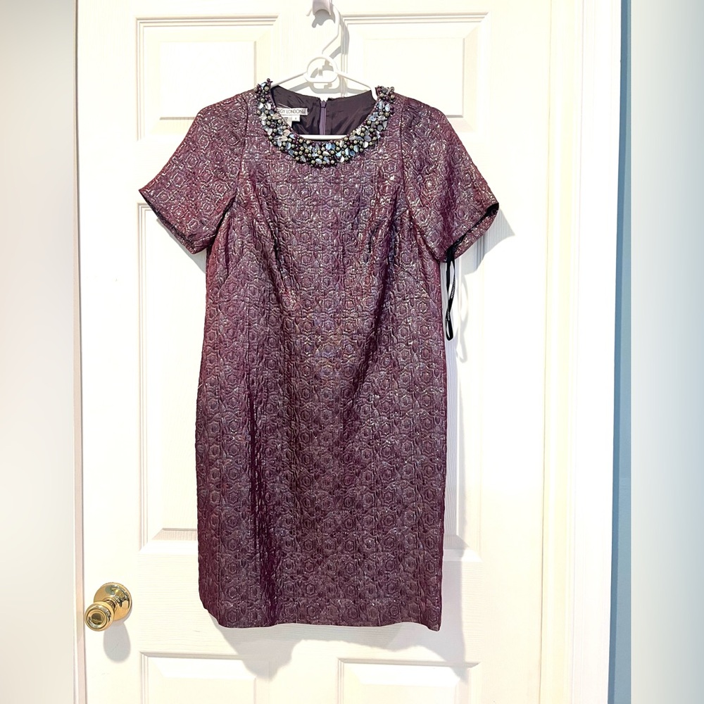 Maggy London Elegant Mini Purple Dress with Embellished Neckline Size 8